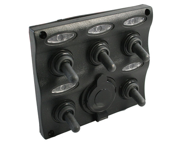 WATER RESISTANT WAVE SWITCH PANEL 5 GANG WITH CIG SOCKET & LED INDICATORS JPW12967